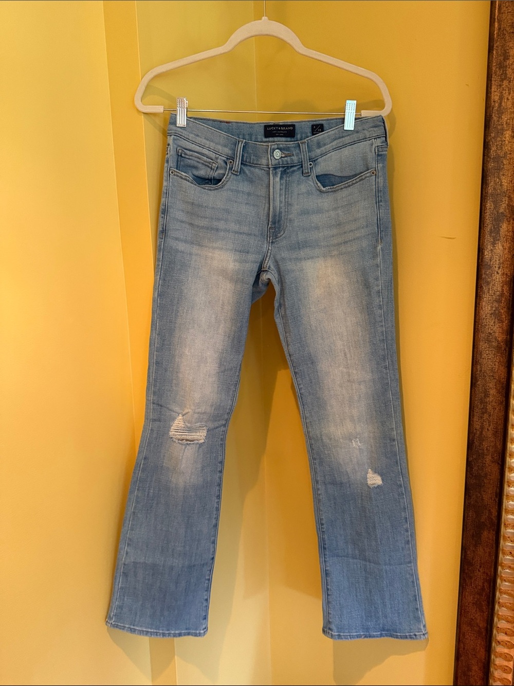 Lucky Brand Light Blue Flare Jeans with Knee Distress